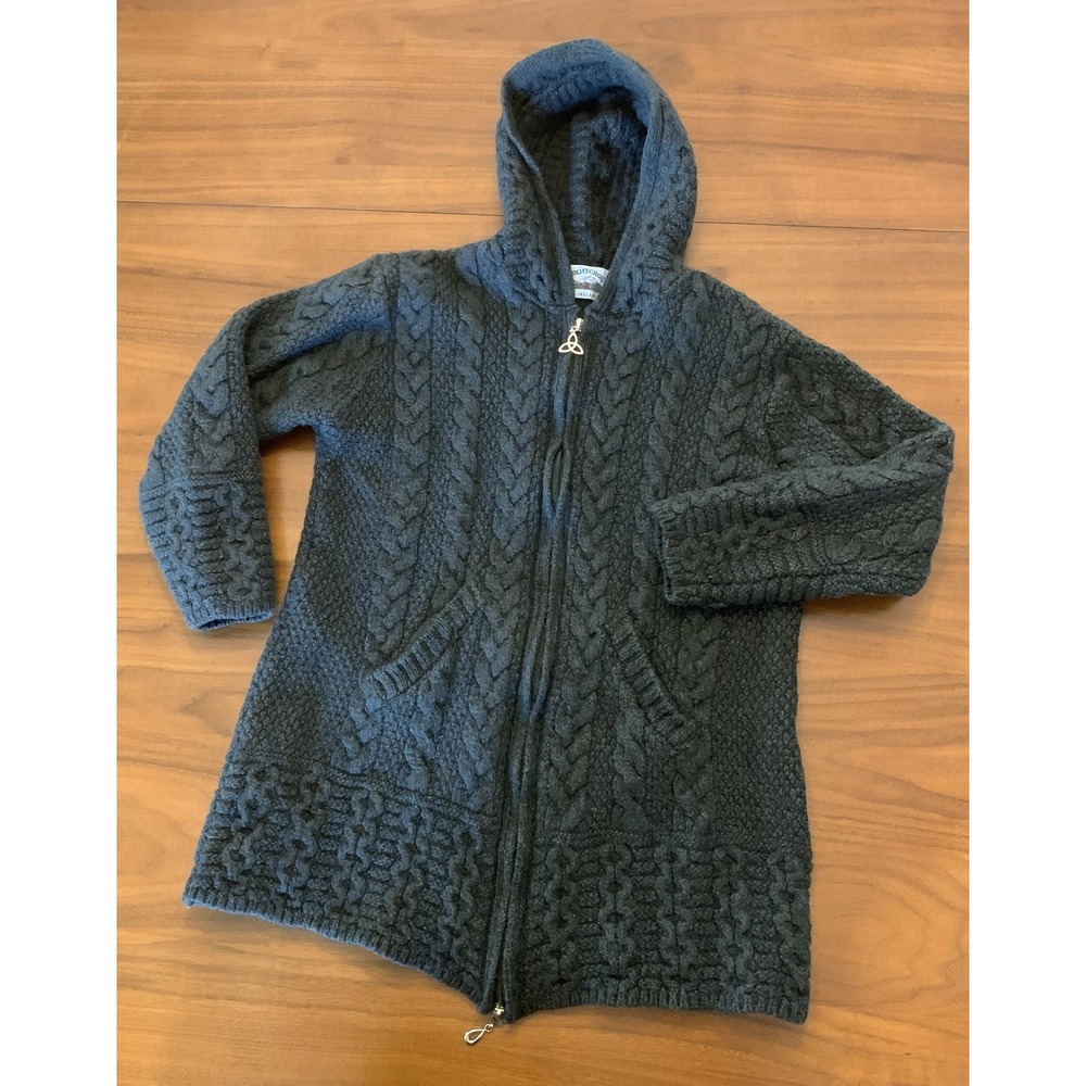 Aran Sweater Ireland 100% Wool Sweater Womens S Green Hooded Zip Cardigan Coat